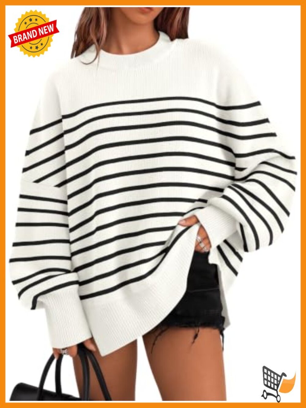 Oversized Crewneck Pullover Sweater Striped Seam Tunic